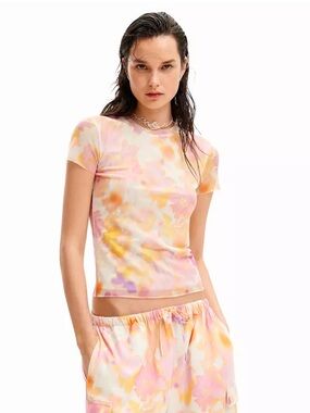 NEW Desigual Out Of Focus Pink Melva Tulle Short Sleeve Sheer Tee size large